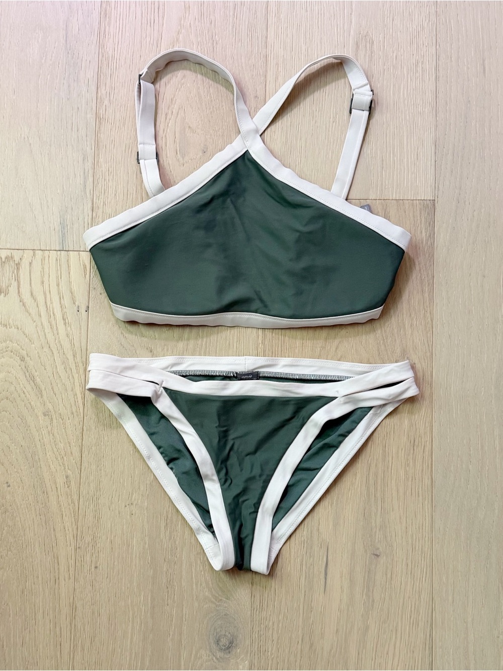 aerie olive green two-piece bikini with white trim